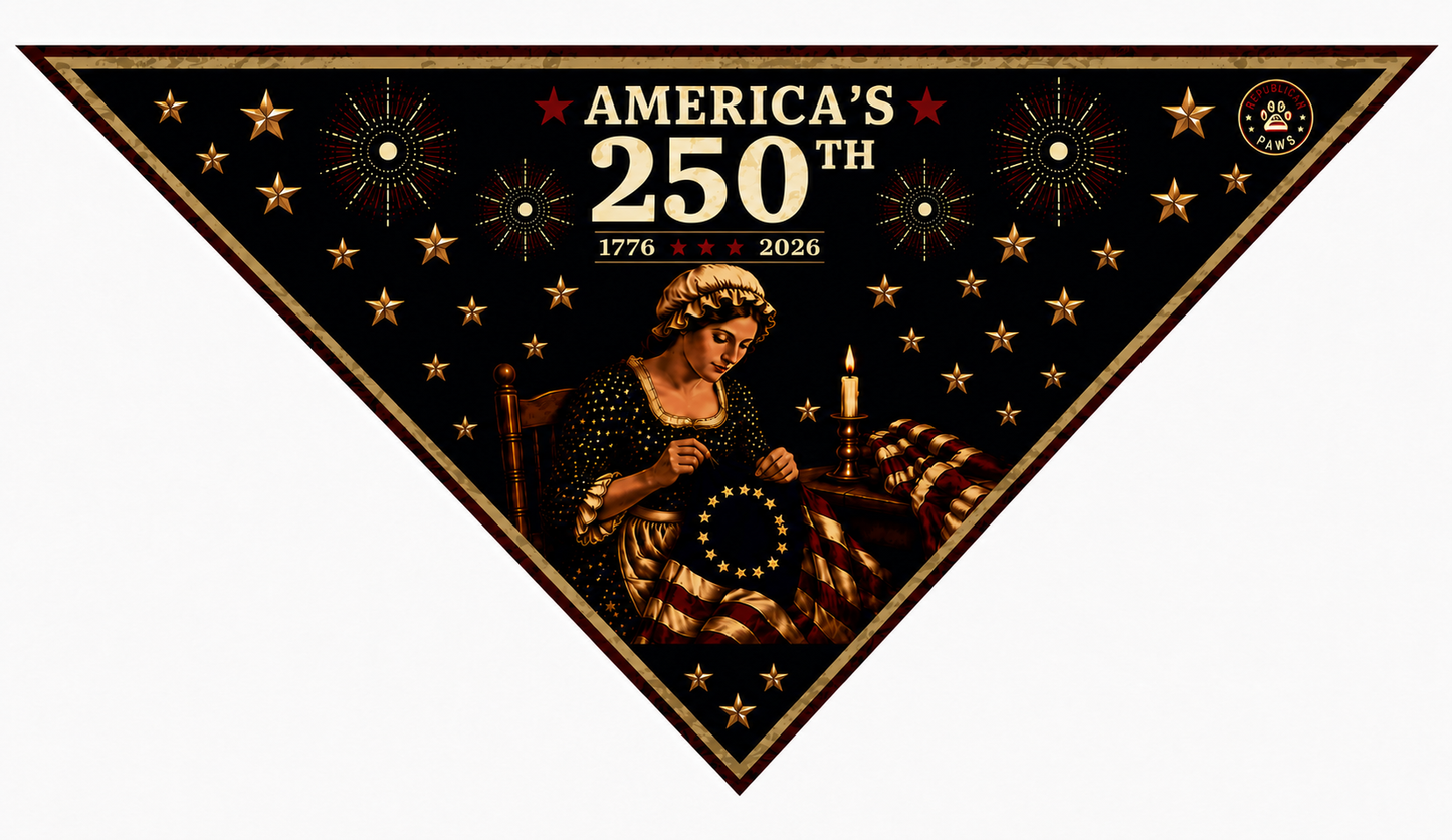 Triangular banner celebrating America's 250th anniversary with stars and a central figure.