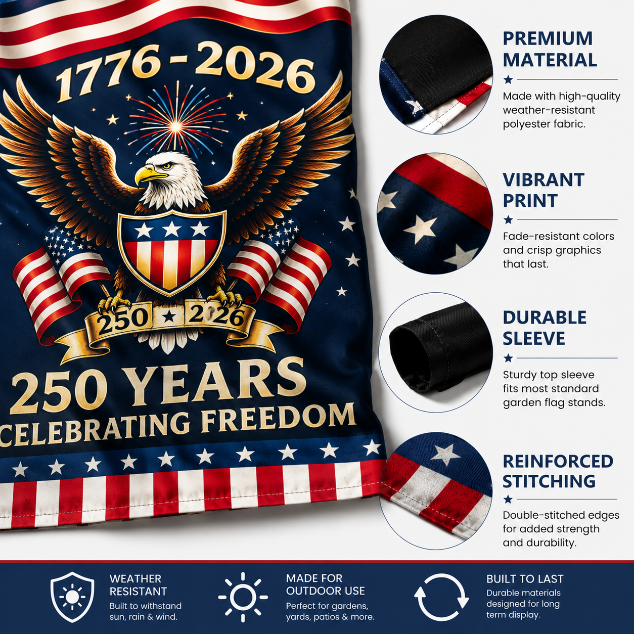 American flag-themed product celebrating 250 years of freedom with an eagle and text on a white background.