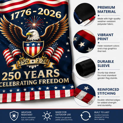American flag-themed product celebrating 250 years of freedom with an eagle and text on a white background.