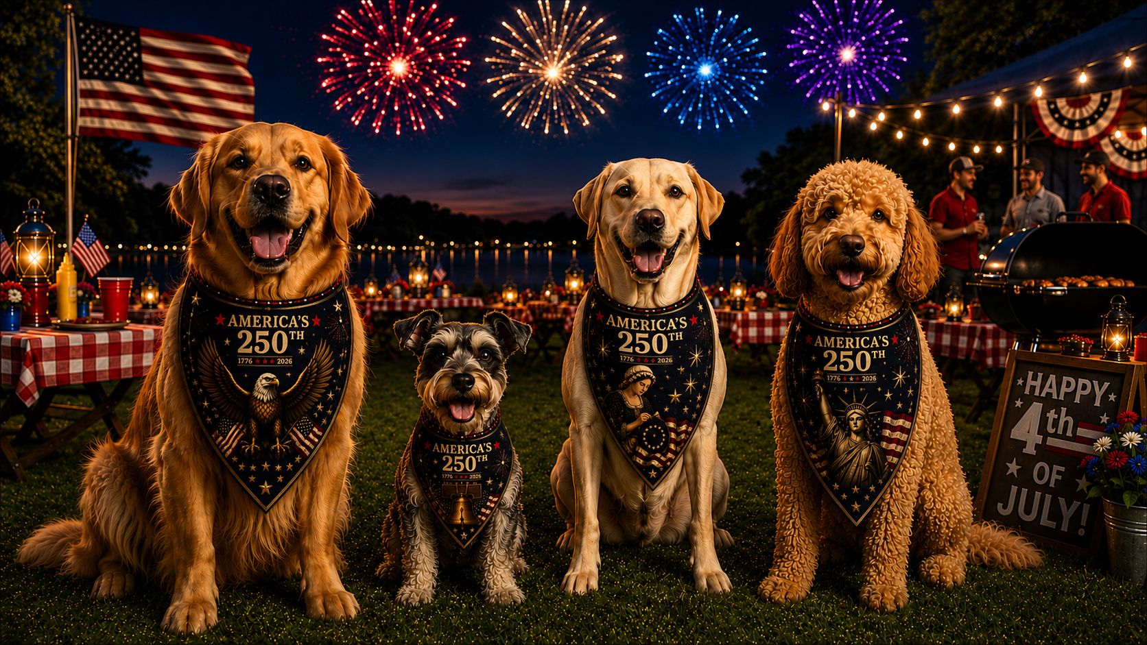 Four dogs wearing bandanas with 4th of July designs in a festive outdoor setting with fireworks and decorations.