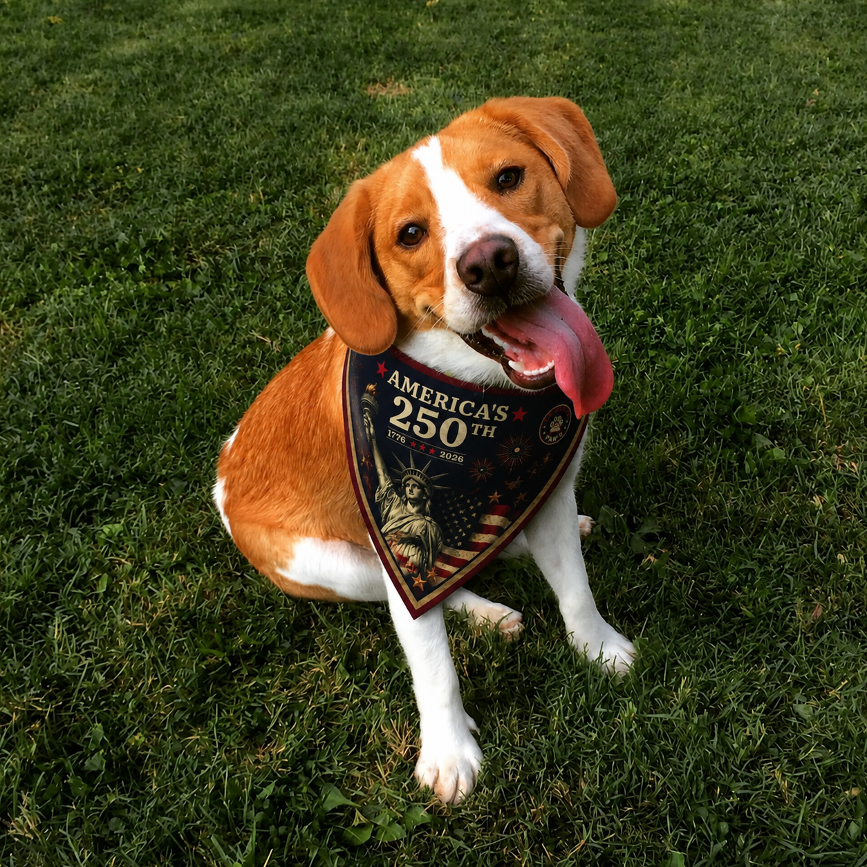 Dog wearing a decorative bandana with 'America's 250th' text on grass