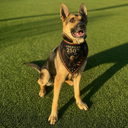 German Shepherd wearing a bandana on a grassy field