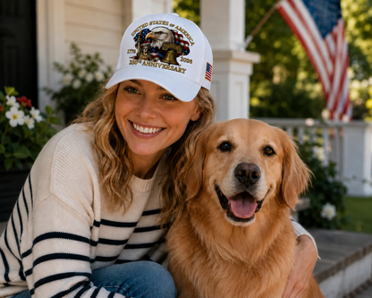 Woman wearing a cap with a dog, both smiling outdoors with an American flag in the background.