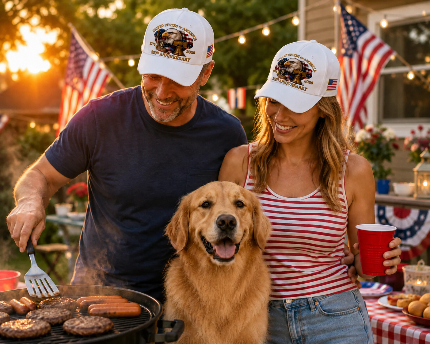 Man and woman with a dog grilling outdoors at sunset