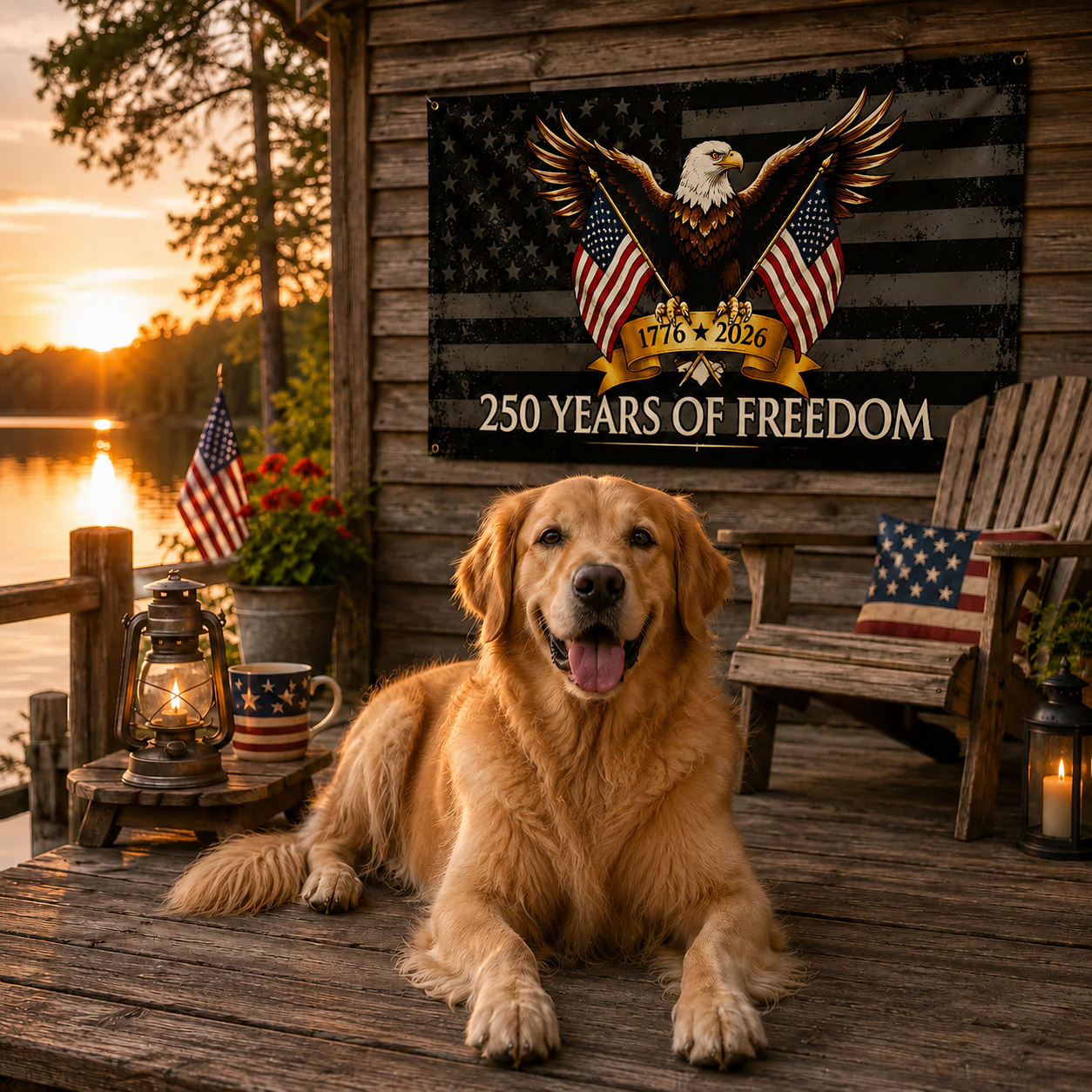 Dog sitting on a wooden deck with a sunset over water and a sign celebrating 250 years of freedom in the background.