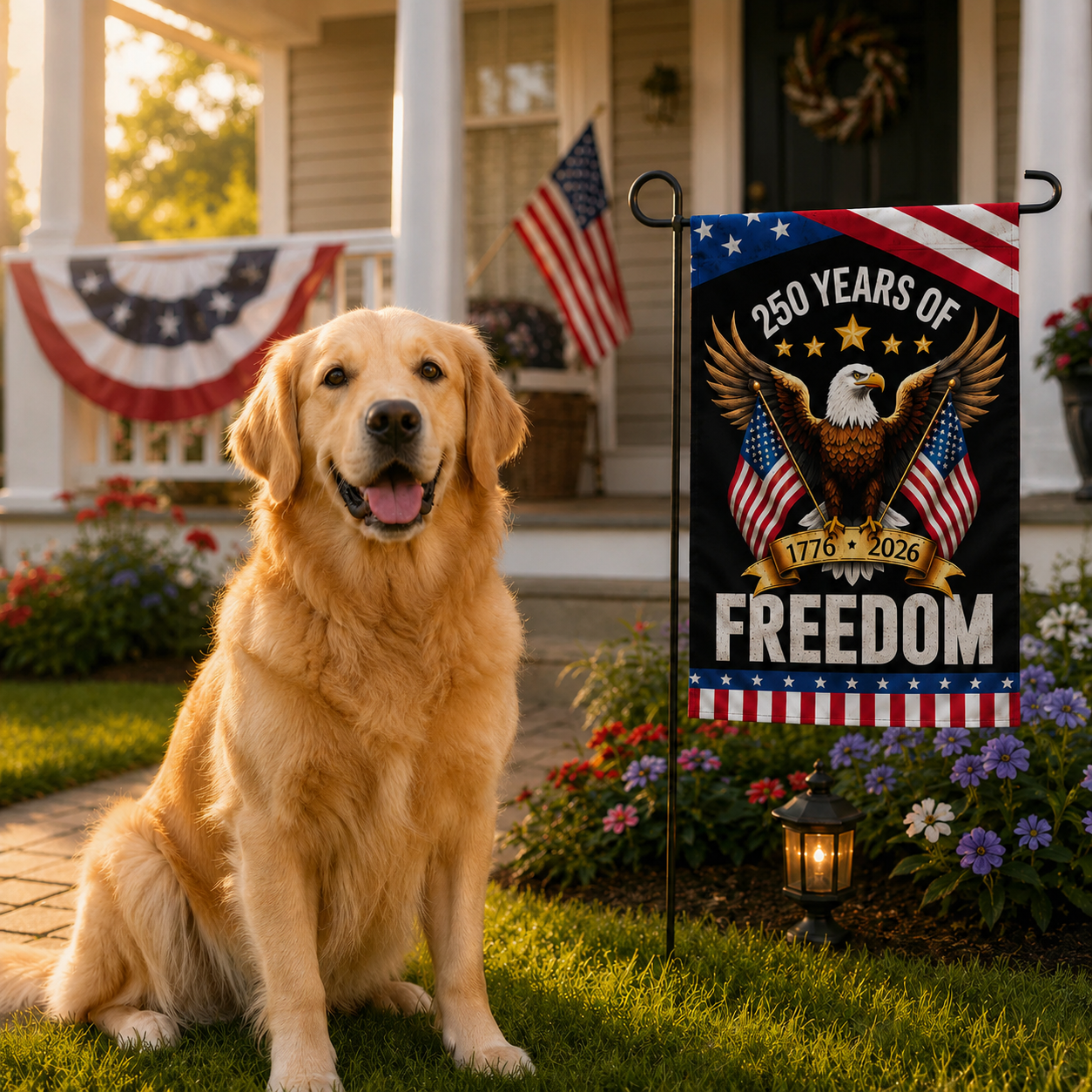 Dog sitting on a porch with a '250 Years of Freedom' flag in the background