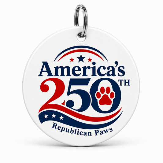 Round white tag with 'America's 250th Republican Paws' text and design on a white background