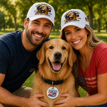 Couple with a golden retriever in a park, both wearing matching hats.