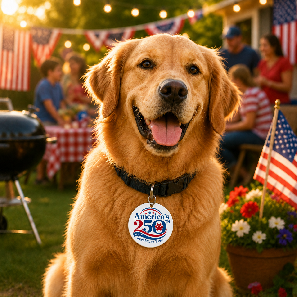 Dog with a 'America's Pet' tag in a backyard setting with people and flags.