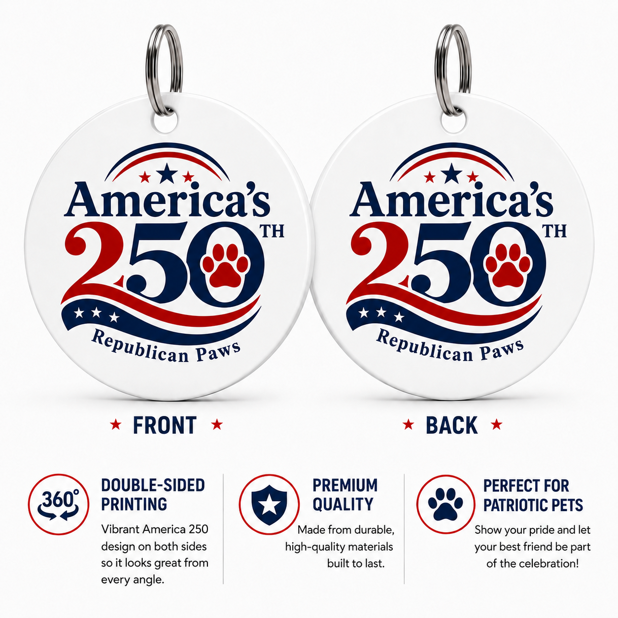 Two dog tags celebrating America's 250th Republican Paws with details on features.