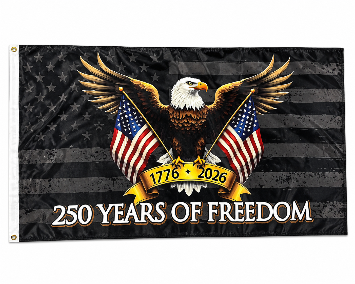 Flag with an eagle and American flags, celebrating 250 years of freedom.