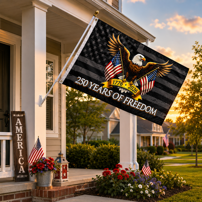 Decorative flag with eagle and American flags on a house porch with sunset background