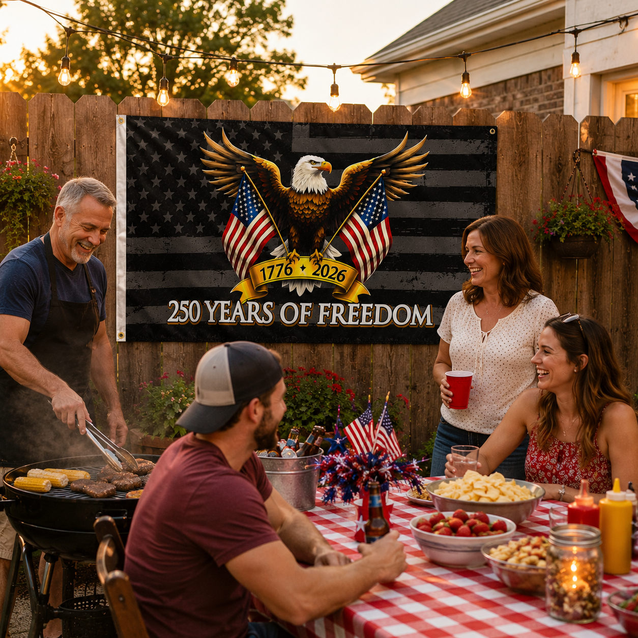 Family gathered around a table with food, enjoying a barbecue outdoors, with a large flag in the background.