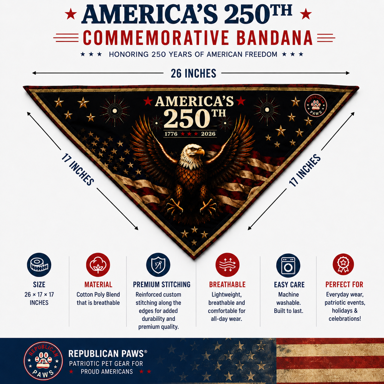 Commemorative bandana with eagle design and text about America's 250th anniversary on a white background.