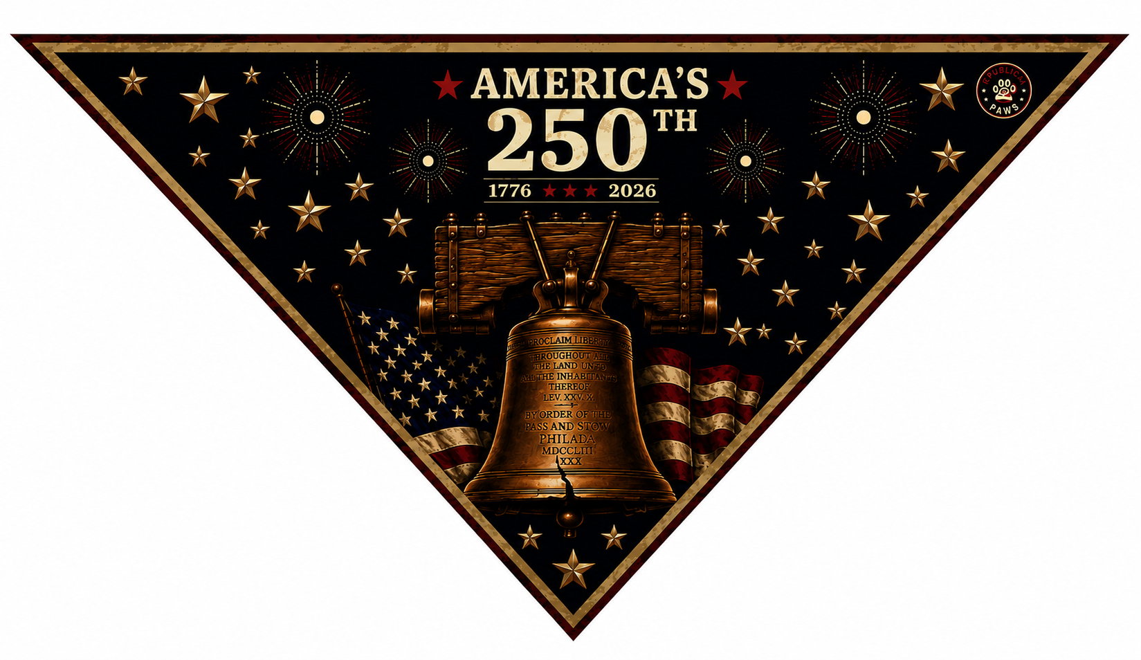 Triangular banner celebrating America's 250th anniversary with a bell and stars on a black background.