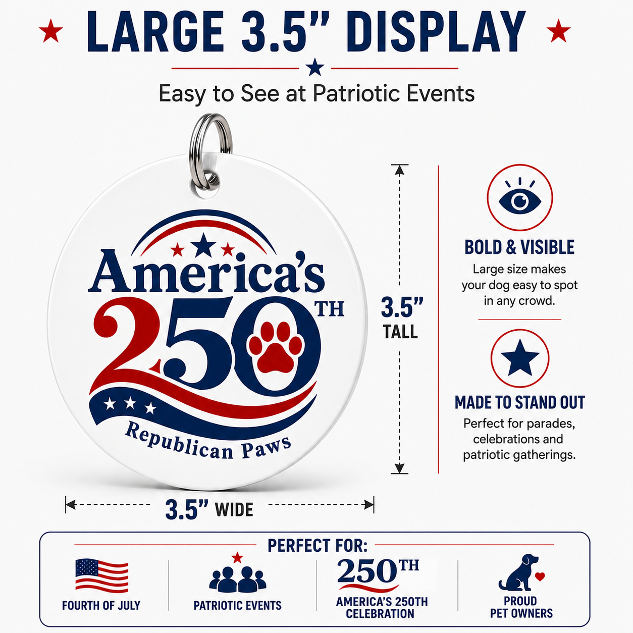 Dog tag with 'America's 250th Republican Paws' design, suitable for patriotic events.
